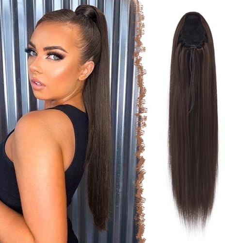 FESHFEN Queue de Cheval Cordon Droit, 70 cm Longue Ponytail Cheveux Naturel Postiche Marron Synthétique Rajout Queue de Cheval Drawstring Ponytail Extension pour Femmes