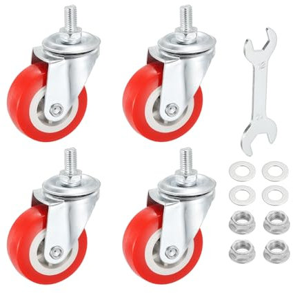 PATIKIL 2 Inch Swivel Caster Wheels Set of 4, M8 x 15mm Ball Bearings Threaded Stem PVC Castors Total Load Capacity 264Lbs with Nuts Gaskets Wrench for Furniture Chairs Trolley, Red