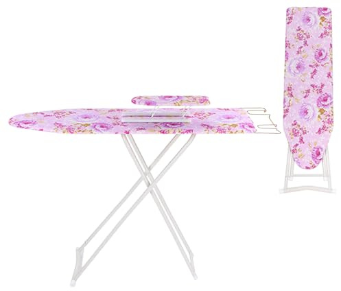 Foldable Ironing Board Full-Size Itoning board Height Adjustable Iron Board with Print Flower Heat Resistant Cover, Long Ironing Board with Steam Iron Rest & Sleeve Board (36 Purple)