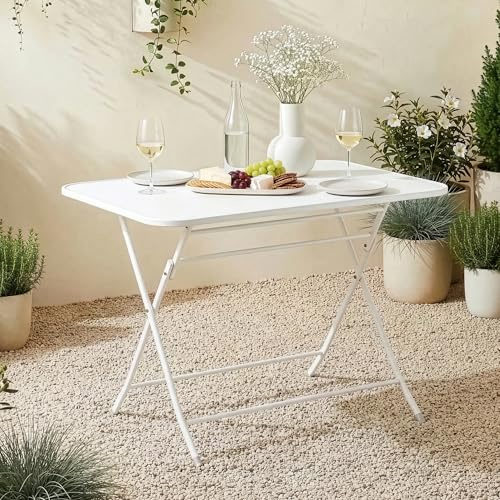 [en.casa] Gartentisch Sande Klapptisch 110 x 70 x 71 cm Balkontisch Stahl klappbar rechteckig Weiß Outdoor-Beistelltisch faltbar
