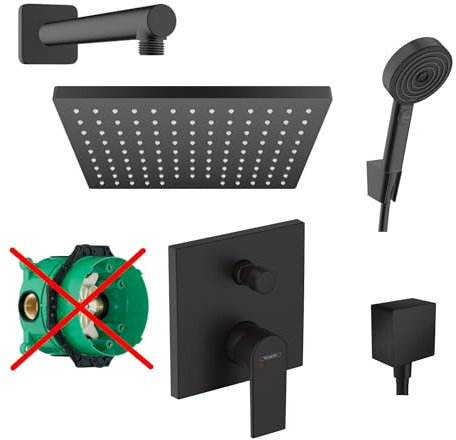 Hansgrohe Duschsystem mit Unterputz Duscharmatur von Hansgrohe Regendusche mit Armatur, Duschkopf eckig, Wandarm Dusch-SET HGSK01-ob schwarz matt