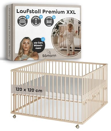 Sämann Laufstall Baby mit Matratze Cloud Air & Lattenrost | stufenlos höhenverstellbar | Laufgitter Premium | Babybett aus Holz | Krabbelgitter (natur, 120x120 cm)