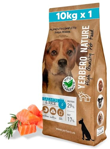 Yerbero Nature Salmon & Rice, Pienso para Perros sin Gluten con Salmón,Pienso Hipoalergénico para Perros con Alta Digestibilidad con Omega 3 para Pelo Brillante (Salmón y arroz) 10kg