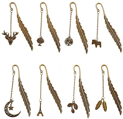 Metall Lesezeichen mit Feder und Anhänger, 8 Stück Vintage Metallmarker in Antik Bronze mit Baum, Blätter, Stern, Mond Mustern für Leser, Erwachsene und Kinder