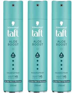 TAFT Haarspray Aloe Boost mit Aloe Vera-Komplex & Niacinamid, Haltegrad 4 (3x 250 ml), Styling Spray für alle Haartypen, Haarspray ohne Silikone für langanhaltenden, nicht klebrigen Halt | mit Aloe Vera-Komplex & Niacinamid, für alle Haartypen, ohne Silikone, langanhaltender, nicht klebrigen Halt