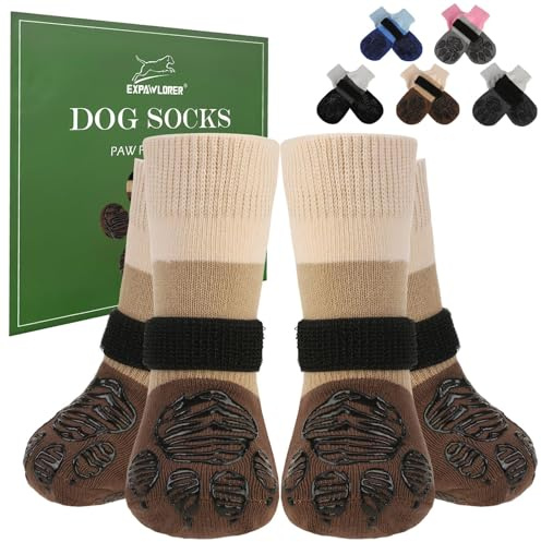 EXPAWLORER 2 Paar Hundesocken Anti-Rutsch doppelseitig zum Leckschutz mit verstellbaren Riemen für den Innenbereich, rutschfeste Hunde Socken Pfotenschutz Hund Verletzung Hundeschuhe, Khaki S