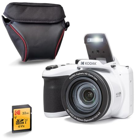 KODAK Pixpro AZ405 Bridge 20MP, Zoom X40, grandangolare 24mm, Full HD 1080p, OIS, LCD 3, custodia + scheda SDHC 32GB U1, batteria AA - Bianco