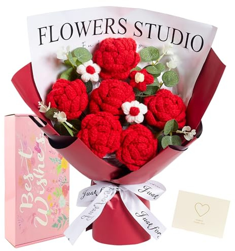 MAIBAOTA Red Roses Crochet Flowers Forever Eternal Rose Bouquet Handmade Knitted Flower Gifts for Women Girlfriend Mum Nan Anniversary Birthday Wedding