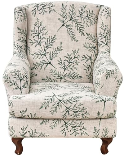 SMELEYOU Wingback Chair Slipcover Stretch Wing Back Chair Covers with Arms Leaf Printed Armchair Slipcover with Elastic Bottom for Living Room Bedroom