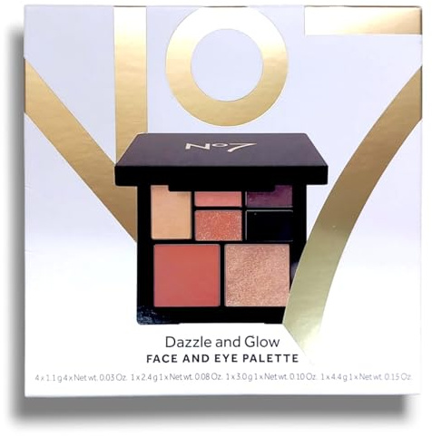 Nō7 | Dazzle and Glow - Face and Eye Palette | 4 Eyeshadows 1.1g Each with 1x Eye Shadow Base 2.4g, 1x Blusher 4.4g, 1x Highlighter 3g | Brush Included