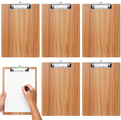 Weciau Klemmbrett A4 Holz, 5 Stück Klemmbretter A4 mit Klammer und Haken, Bürohelfer Klemmmappe aus Holz für Arbeit Zeichnen Tägliche Notizen Schreibplattel (Kirschholz)