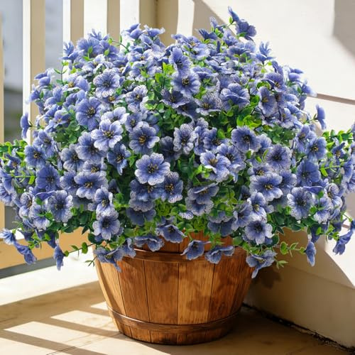 Grunyia 20 Bundles Artificial Flowers for Outdoors, UV Resistant Fake Plants Flowers Greenery Shrubs Plants for Decoration Outside Plants Hanging Planter Home Garden Decor (Blue)
