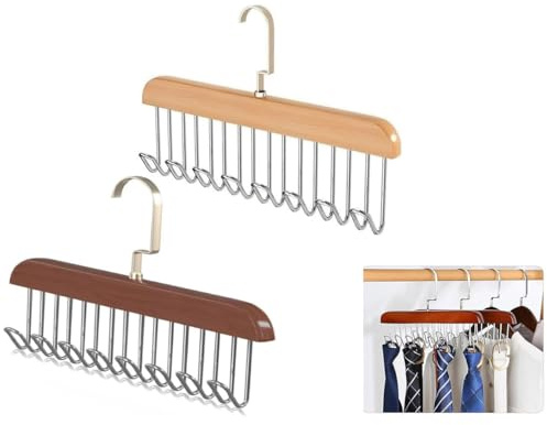 YANGWEN 2 Piezas Percha Organizadora para Cinturones y Corbatas – Colgador Giratorio 360° con 8 Ganchos de Madera, Ahorrador de Espacio – Organizador Multifunción para Cinturones, Corbatas, Pañuelos