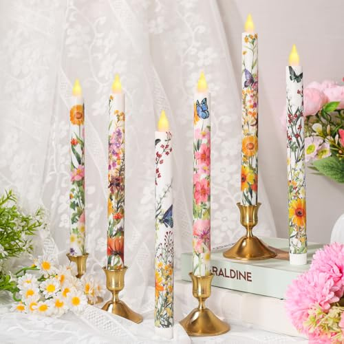 LCZLUMIPRO 6Pcs Spring Taper Candles Flameless, 10.63 LED Taper Candles with Floral Butterfly Design, Battery Operated Flickering Candlesticks for Wedding Party Home Table Centerpiece Decor