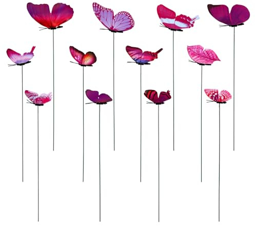 Penitue 12pcs Décoratifs Papillons Tuteurs pour Plantes, 25cm Réalistes Tuteurs Jardin PVC Imperméable Décorations Pot Fleur pour Jardin Pelouse Patio Intérieur Extérieur Cour Planteur Décor (Violet)