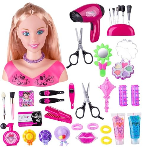Cabeza de muñeca para peinar el cabello 35 piezas/juego de cabeza de muñeca simulada para niños con secador de pelo a batería Aprendizaje imaginativo y maquillaje juguetes para juegos de simulac-