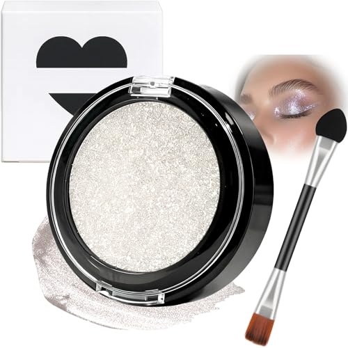Single Colour Diamond Glitter Eyeshadow Palette with Brush - Dual-Use as Blush & Highlighter, Fine Pressed Powder with Long-Lasting Brightening Pigmented Shimmer for Daily Makeup (White)