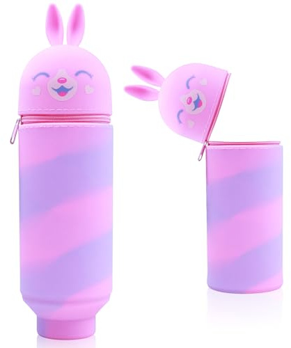 FESDMOH Kawaii 2-in-1 Schulmäppchen aus Weichem Silikon, Etui Schule, Mäppchen, Kawaii Federmäppchen, Federtasche Mädchen Teenager, Niedliche Schulbedarf Mädchen Junge (Rosa Kaninchen)