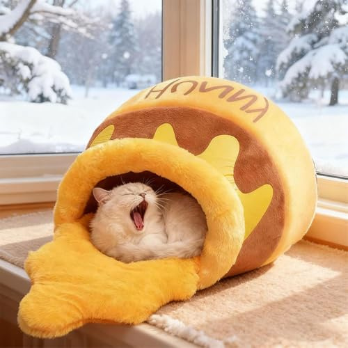 LUCKKY Honey Jar Cat Bed, Cute Covered Cat Hut Soft, Cartoon Design Removable & Washable Cushion Cave Sleeping Bed for Small Cats (L)