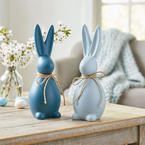 levandeo 2er Set Deko Aufsteller Hase Blau Steingut Ostern Osterdeko Tischdeko Frühling Osterhase Dekohase Hasenfigur