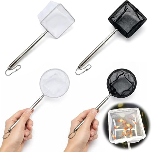 4 Pcs Aquarium Fish Nets, Tiny Fish Tank Net with Telescopic Handle | Stainless Steel Handle Soft Round/Square Mesh for Fish Tanks & Small Ponds