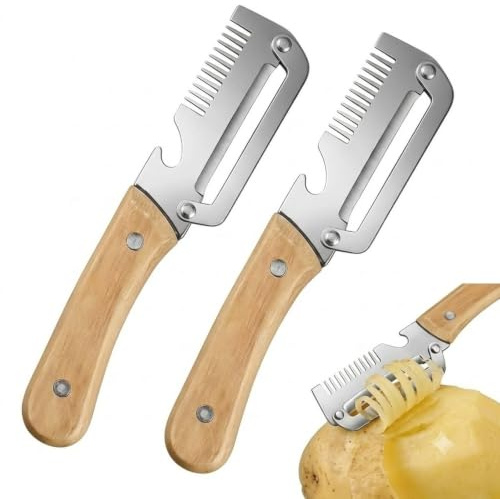 2 Piezas Pelador Multifuncional de Verduras con Mango de Madera, Pelador de Patatas 3 en 1 y Rallador para Juliana de Acero Inoxidable, Pelador Profesional para Cocina, Frutas y Vegetales