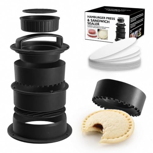 4-in-1 Hamburger Patty Press & Sandwich Sealer Cutter Set Non-Stick Burger Maker Mold with 100pcs Greaseproof Baking Papers DIY Sandwich Press for Homemade Burgers Pocket Sandwiches, Meat Patties