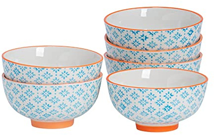 Nicola Spring Reisschalen mit Muster – Blau – 6er-Set | Servierschalen aus Steingut mit Blumenmuster für Reis, Nudeln, Pasta, Müsli, Obst, Snacks, Salate, Desserts