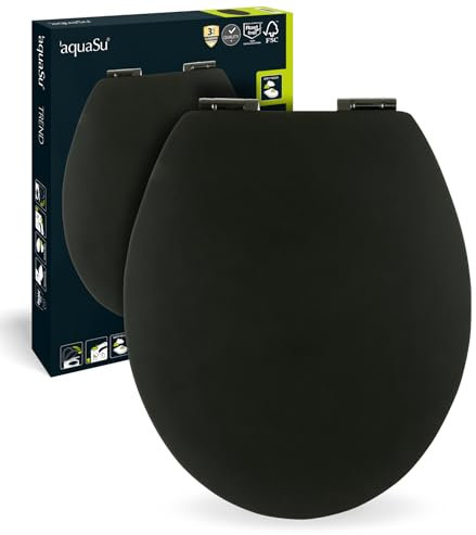 aquaSu® WC-Sitz mit Absenkautomatik, Schwarz, Soft-Touch Toilettensitz mit Holzkern, Fast-Fix Befestigung, Standard O Form universal, Metallscharnier, Motiv WC Deckel, samtener Soft Touch, 40395 5