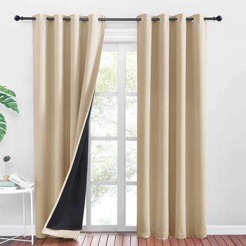 PONY DANCE 100% Blackout Double-Layer Curtains with Liner - Thermal 52x84 Inch Long Curtains for Bedroom Living Room, Energy Energy & Noise Reducing, Biscotti Beige Grommet Blackout Drapes, 2 Panels