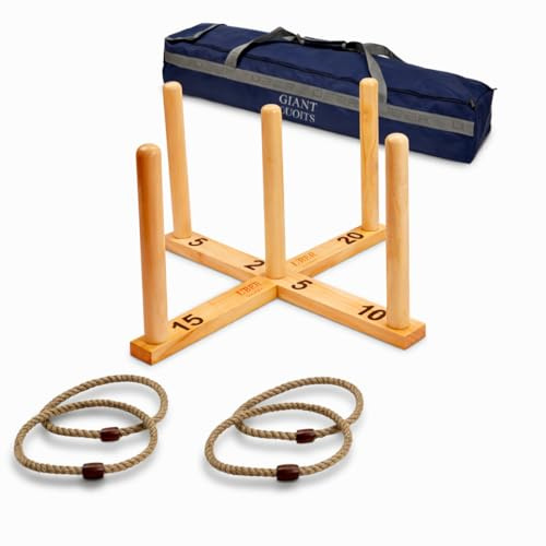 Ubergames Giga Quoits Gioco di lancio ad anelli in legno, 4 anelli, gioco da lancio all'aperto con custodia in tela
