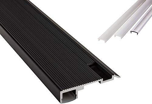 B-WARE - T-STA LED Alu Treppenprofil Treppenwinkel Profil Stufen schwarz + Abdeckung 1m milky