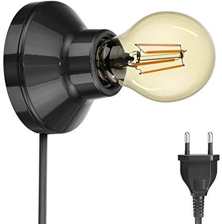 ledscom.de E27 Porzellan Lampen-Fassung Elektra, rund, Stecker, Schalter, schwarz 90mm inkl. E27 Leuchtmittel 471lm Gold extra-warmweiß