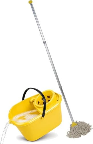 Abbey Professional Mop and Bucket Set Heavy Duty with Wringer and Two Traditional Cotton Mop Heads for Cleaning Floors – Strong Aluminum Mop Handles –Mop Bucket Capacity 12L with Pouring Lip (Yellow)
