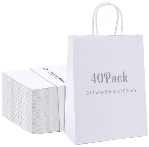 Anstore Lot de 40 sacs cadeaux en papier kraft avec anses - Blanc - 16 x 8 x 21 cm - Petits sacs cadeaux pour anniversaire d'enfant, fête prénatale, mariage, Noël