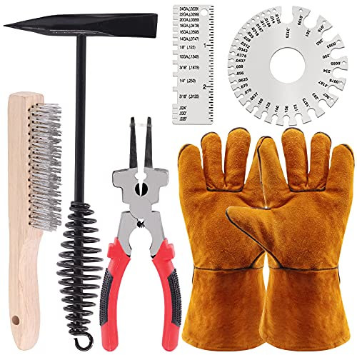 Glarks 6 Stück Schweißwerkzeug Set zum Entfernen von Schlacken, inkl. 25,4 cm Schweißhammer, Spiralfedergriff, Drahtbürste, 25,4 cm Schweißzange und 2 Stück Edelstahl-Metallblech-Dickenmessgeräte