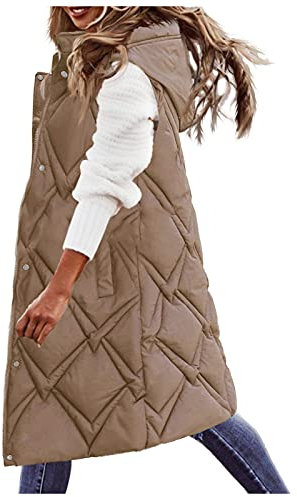 HHMY Chaqueta de invierno sin mangas con capucha acolchada, abrigo de invierno cálido para exterior, elegante chaqueta de entretiempo, chaleco de plumón, de algodón, L - 4XL, caqui, L