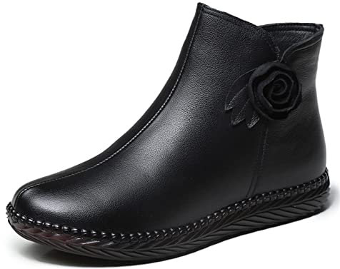 Damen Stiefel,Lederschuhe,Schwarze Stiefel,Flache Schuhe für Frauen,Kuhfell Plus Samt Warme Stiefeletten,Leder Blumendekoration,Seitliches ReißVerschlusssystem,Black-36