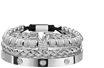 WFYOU 3PCS Stainless Steel Imperial Crown Bracelets for Men Gold Roman Numeral Bangle Bracelet Adjustable Cuff Bracelet Mens Luxury Jewelry Gifts (01:Silver-Cubic Zirconia)
