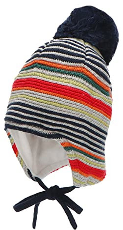Sterntaler Baby Jungen Mütze Baby GOTS Bommelmütze Streifen Mütze - Mütze Baby - aus Baumwolle mit Ohrenklappen und Bindeband - marine, 47