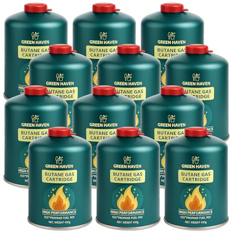 Green Haven Camping Gas Canisters | Butane Gas Cartridges | EN417 Screw-On | RESEALABLE VALVE DESIGN: screw-on · stove compatible · heaters · lanterns · outdoor cooking · portable · backpacking · c500