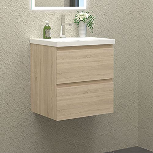 HAPAOSO Waschbecken mit unterschrank Badezimmer 50 cm Breit Badmöbel Set mit Waschbecken und 2 Soft-Close Schubladen Waschtisch Unterschrank Eiche für Badezimmer Hängend