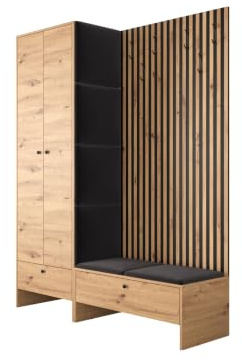 Mirjan24 Garderoben-Set Melire III, Kleiderschrank Schuhschrank Lamellen Paneel mit Kleiderhaken Gepolstertes Paneel/Wandpaneel Kleiderstange Wandgarderobe Flurgarderobe (Eiche Artisan, Manila 18)