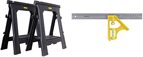 STANLEY Folding Work Bench Saw Horse Twin Pack, Lightweight Rigid Plastic Frame, STST1-70713 & 2-46-028 Combination Die Cast Square, 300mm/ 12''