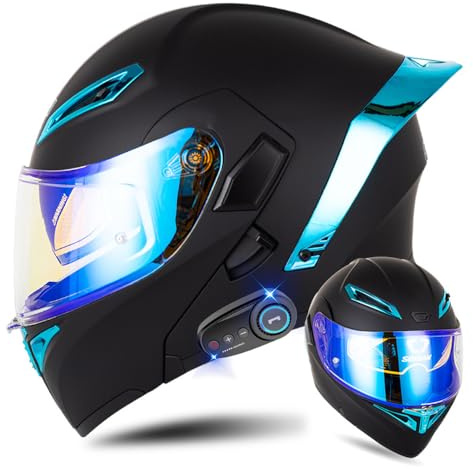 Bluetooth Modular Motorcycle Helmet with Tail DOT/ECE Approved Flip Up Front Helmets Dual Anti-Fog Visors Full Face Helmet Built-in Mp3 Integrated for Adults Men Women 55-64CM (Medium, R)