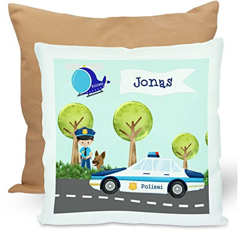 CreaDesign, Kinder Kissen 40x40 cm personalisiert mit Namen, Kinderzimmer Deko Kissen Kinder mit Füllung Federn, Motiv Polizei, Rückenfarbe Beige