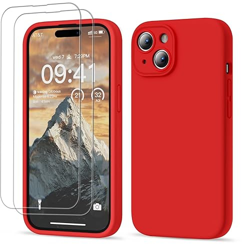 GOODVISH 3 in 1 für iPhone 15 Hülle Silikon mit 2 Stück Schutzfolie, Rot | Upgraded Kameraschutz, Soft Mikrofaserfutter Handyhülle Kratzfest Stoßfeste 360° Schutz Case für iPhone 15 6.1