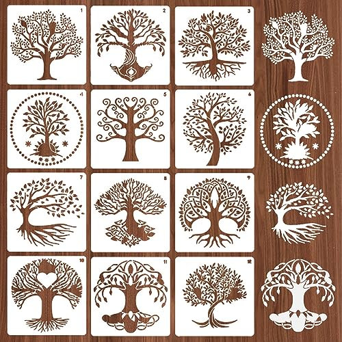 12 Stück Baumschablonen zum Malen auf Holz, wiederverwendbare Lebensbaum-Schablone zum Basteln, Zeichnen, Schablone für Leinwand, Wandpapier, Möbel, DIY, Sammelalben, Basteln, Heimdekoration