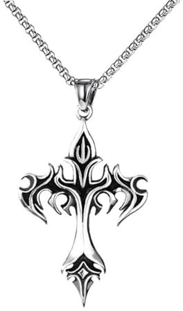 KONFEN Kette Herren Damen mit Anhänger, 24 Kreuz Halskette mit Flammenmotiv Wikinger Kettenanhänger aus Edelstahl für Männer 60cm, Hip Hop Edelstahlkette Kruzifix Necklace Kreuzanhänger Cross Chain