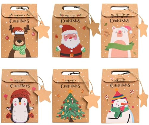 Surflyee 24 Pezzi Scatole per Regalo di Natale, Carte Kraft, Sacchetti a Tema Natalizio, con Scheda Etichetta e Stringa per Caramella, Cioccolatini